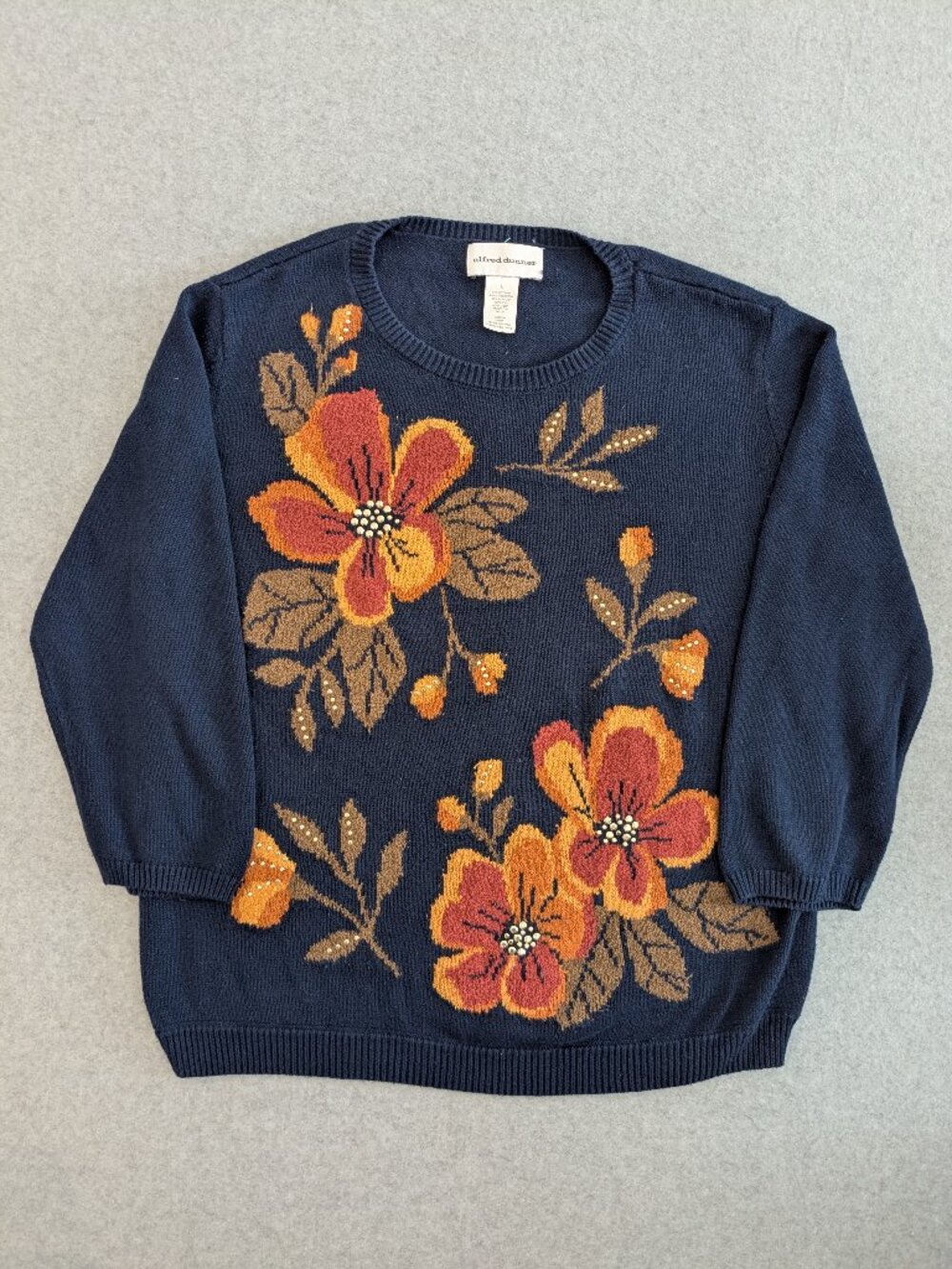 Vintage 90s Alfred Dunner 3/4 Sleeve Floral Knit Embellished Navy Sweater Top L